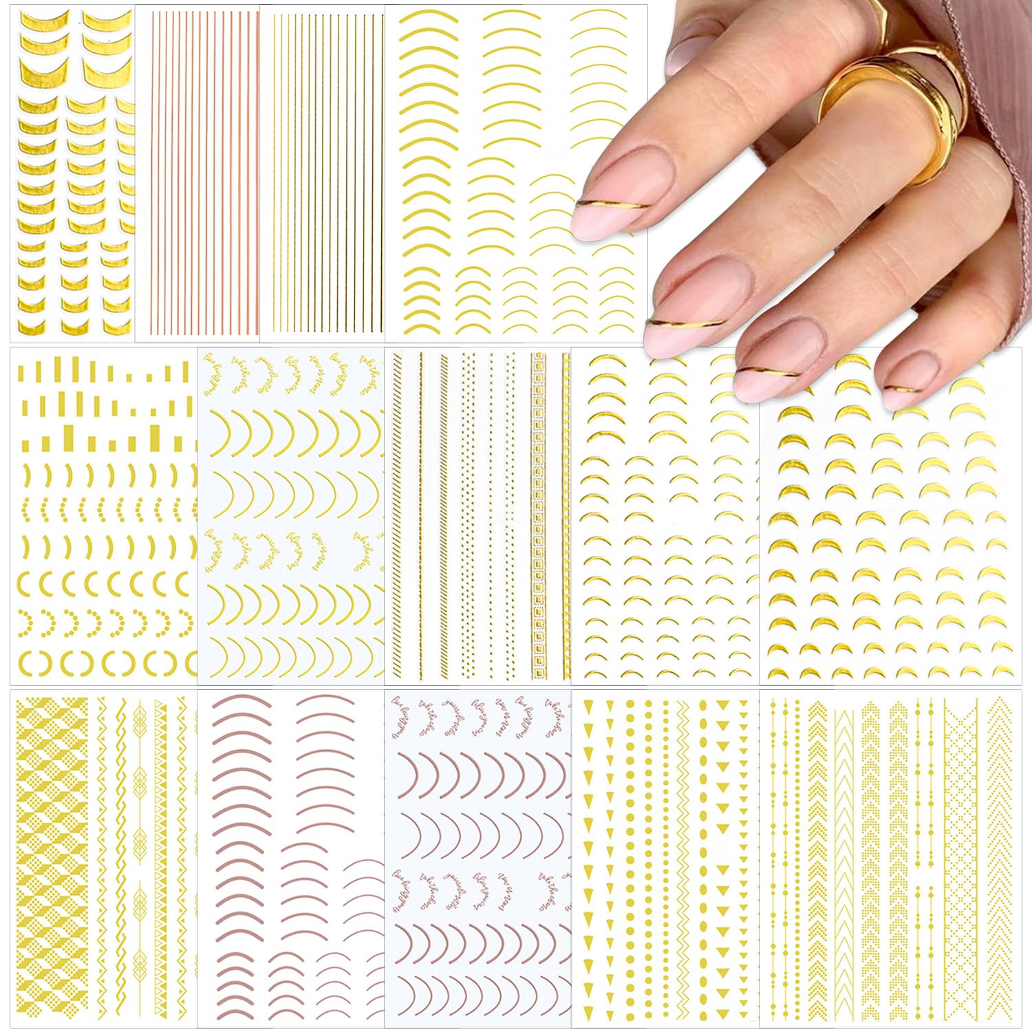Photo 1 of SILPECWEE 14 Sheets Gold Nail Stickers French Line Metallic Curve Strip Nail Decals Self Adhesive Nail Art Stickers Nail Design Stickers 3D Nail Decoration for Women Kids