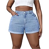 WDIRARA Women's Plus Size Denim Shorts High Waisted Roll Up Hem Jean Shorts