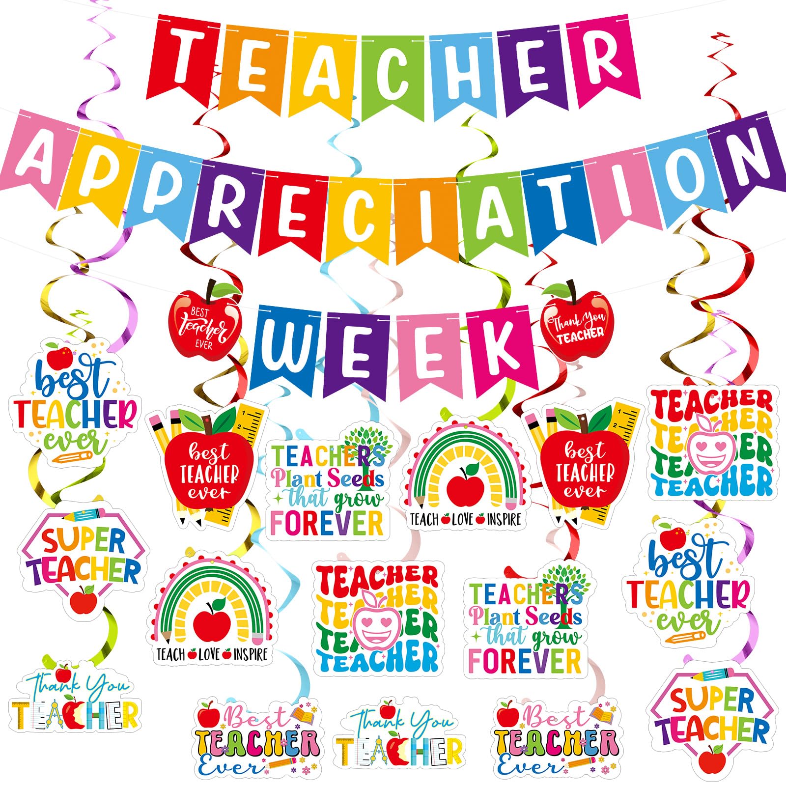 Photo 1 of 35 pcs Teacher Appreciation Week Decorations Including Teacher Appreciation Banner And Hanging Swirls Wall Decor Holiday Celebrating Events for Festival Party Supplies
