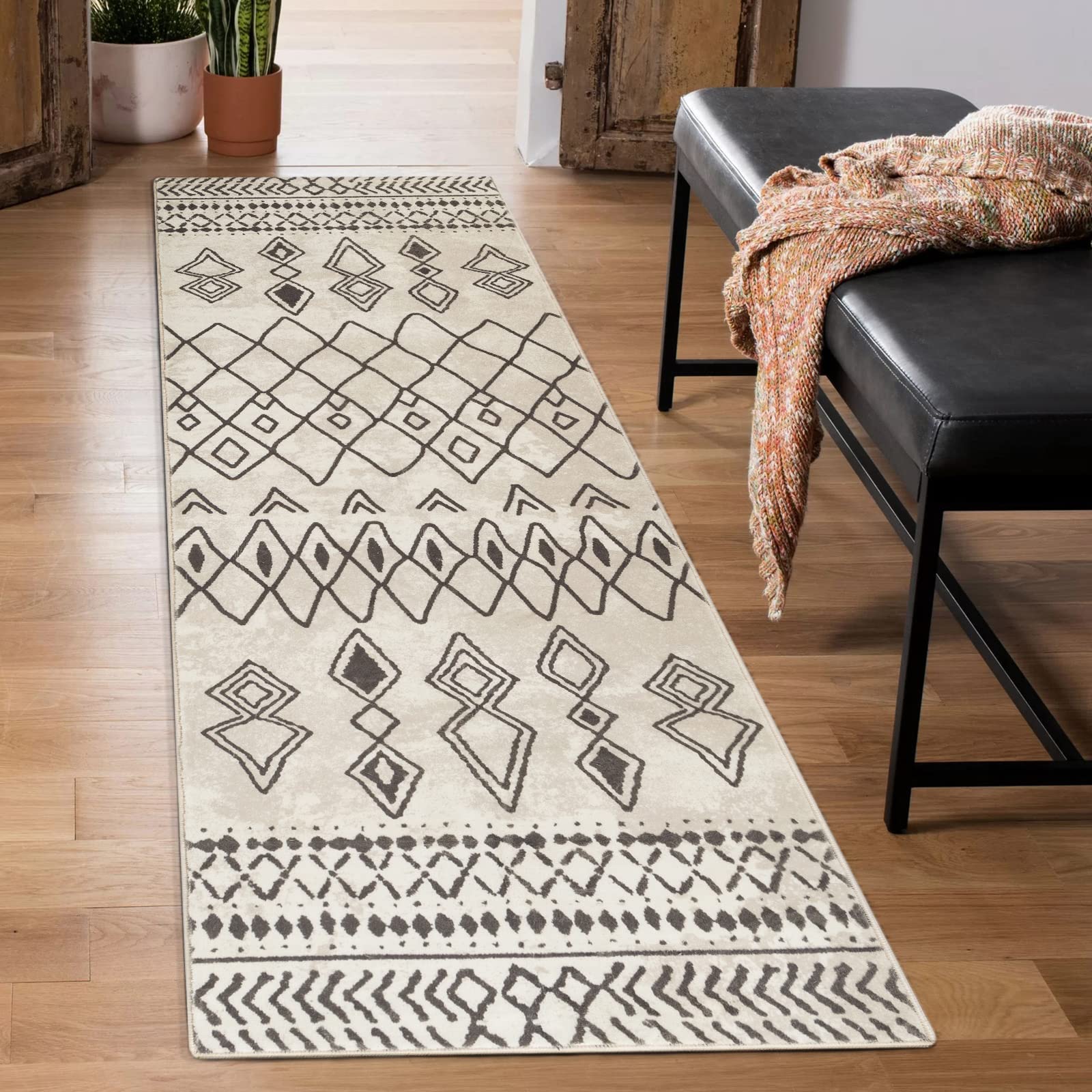 Carvapet Hallway Runner Rug 60x210cm Non Slip Long Kitchen Mat Washable Area Rug Soft Microfiber Geometric Floor Carpet Runner(Beige)