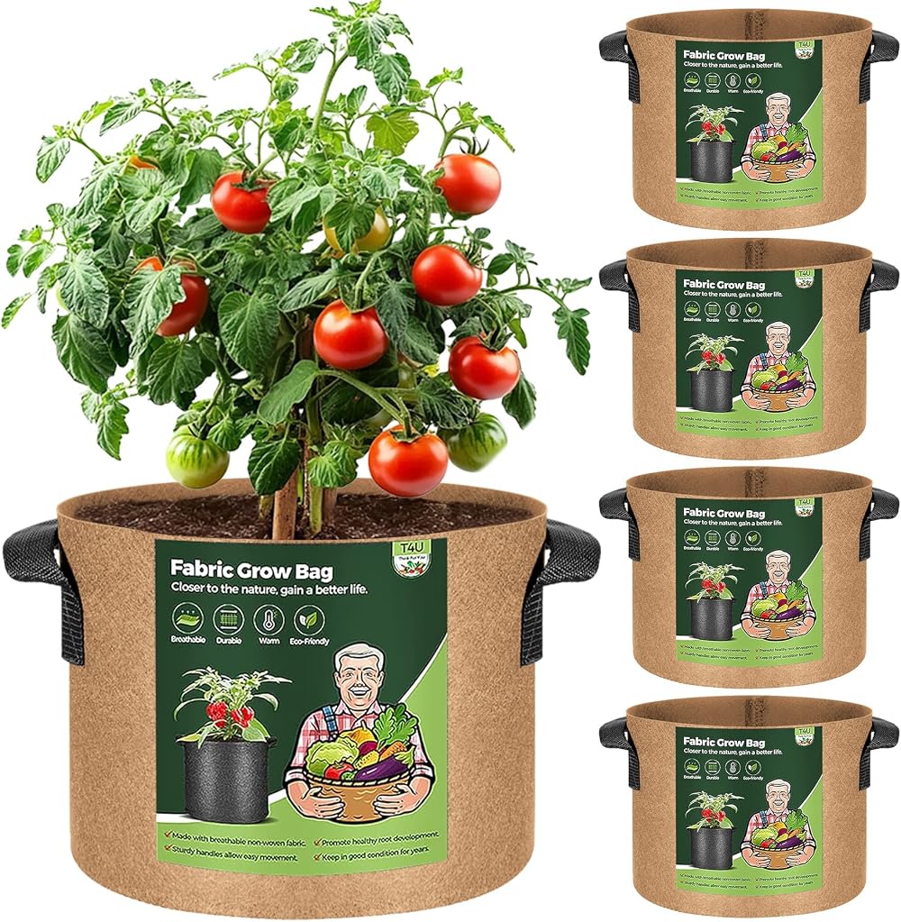 T4U 5-Pack 10 Gallon Fabric Grow Bags with Handles | Heavy Duty Nonwoven