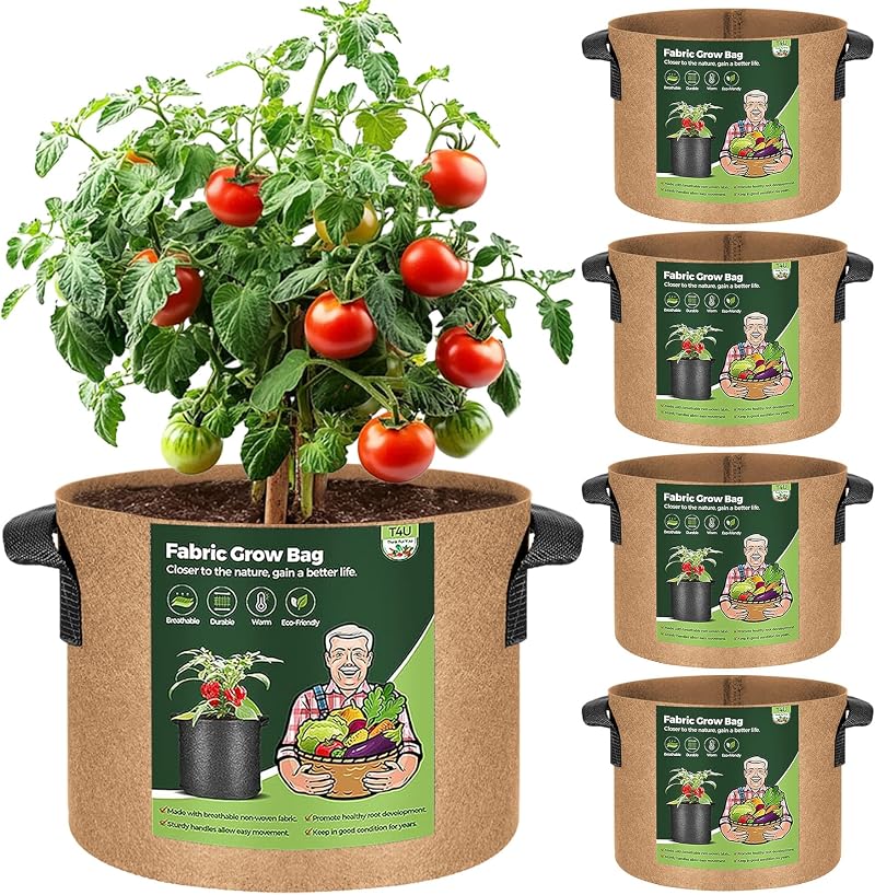 T4U 5-Pack 10 Gallon Fabric Grow Bags with Handles | Heavy Duty Nonwoven