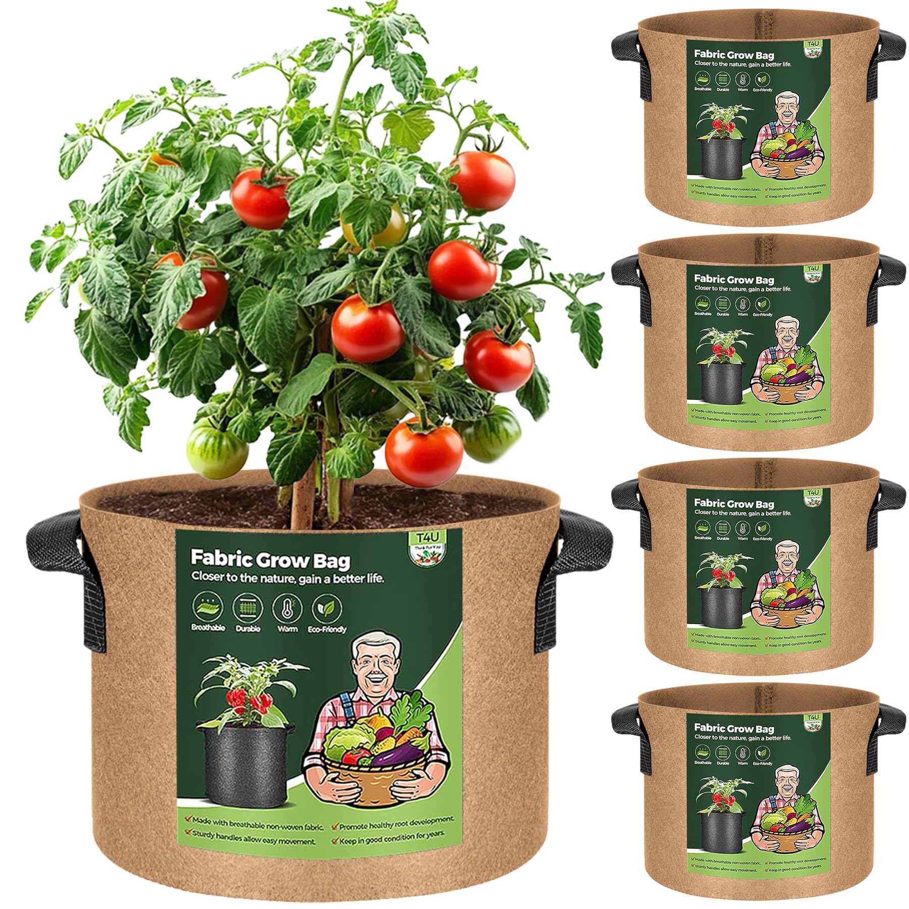 T4U 5-Pack 10 Gallon Fabric Plant Grow Bags, Heavy Duty Smart Growing Bag with Handle, Thickened Breathable Nonwoven Growbag Planter Container for Potato Tomato Chili Strawberry Vegetable Seed Outdoor