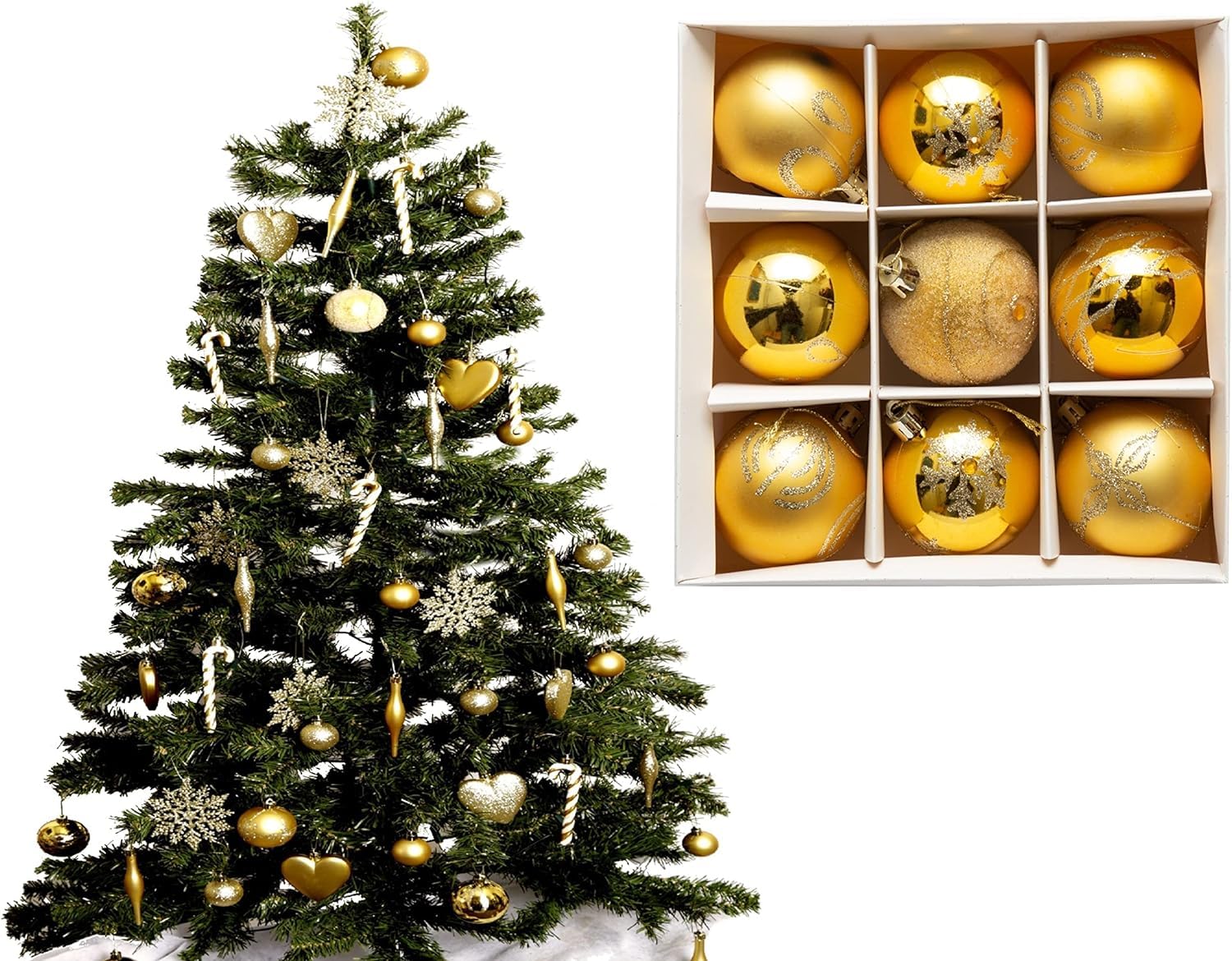 UKDD® Set of 9 Premium Baubles Luxury Christmas Tree Bauble Decorations Matte, Glitter, shiny Baubles (Gold)