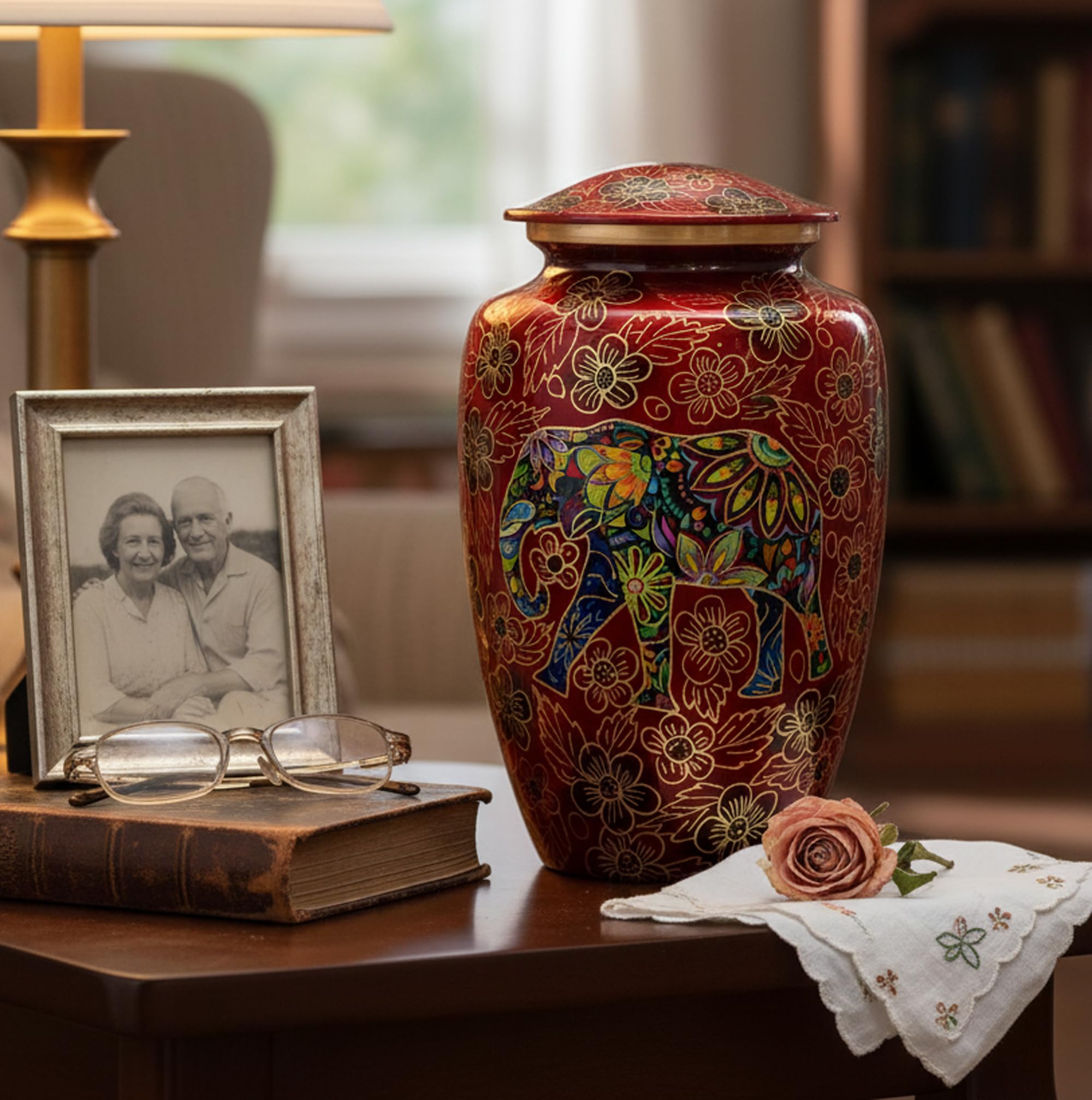 eSplanade Cremation Urn Memorial Human Ashes Container Jar Pot | Burial Funeral Urns | - Colourful Red Elephant Print - 10" Inches (Full Size)