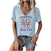 Wudlads Retro Cowboy Graphic T Shirt for Women Vintage Country Music Hollowed Short Sleeve Shirts Summer V Neck Casual Tops