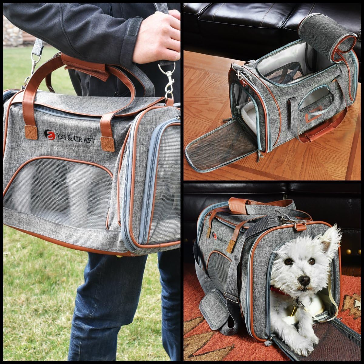 E Ess & Craft Soft Cat Carrier, Front Loading Airline Approved Pet Carrier with Sturdy Bottom & Soft Fleece Bedding, Ventilated Travel Carrier with Faux Leather Top Handle and Zipper Locks : Pet Supplies