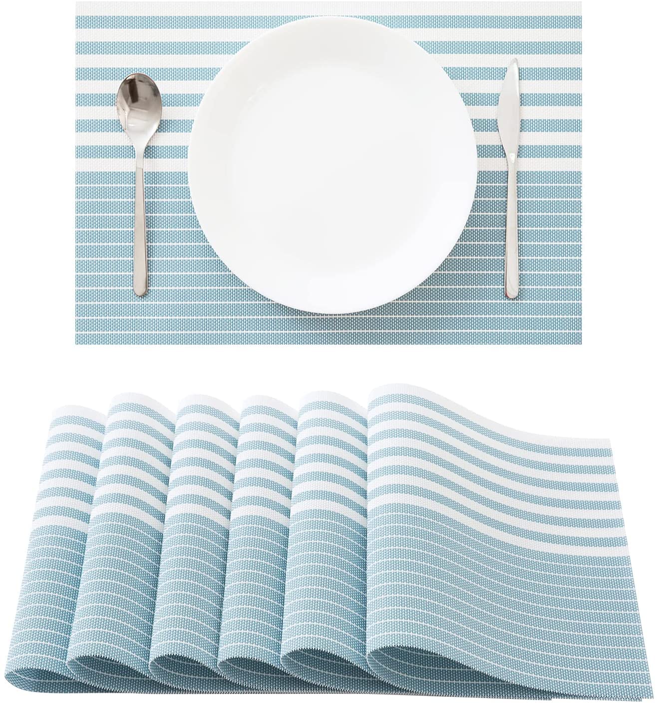 OUME Placemats Set of 6 Dining Table Mats Woven Vinyl PVC Placemats Non-slip Heat-resistant Washable Place Mats (blue ）