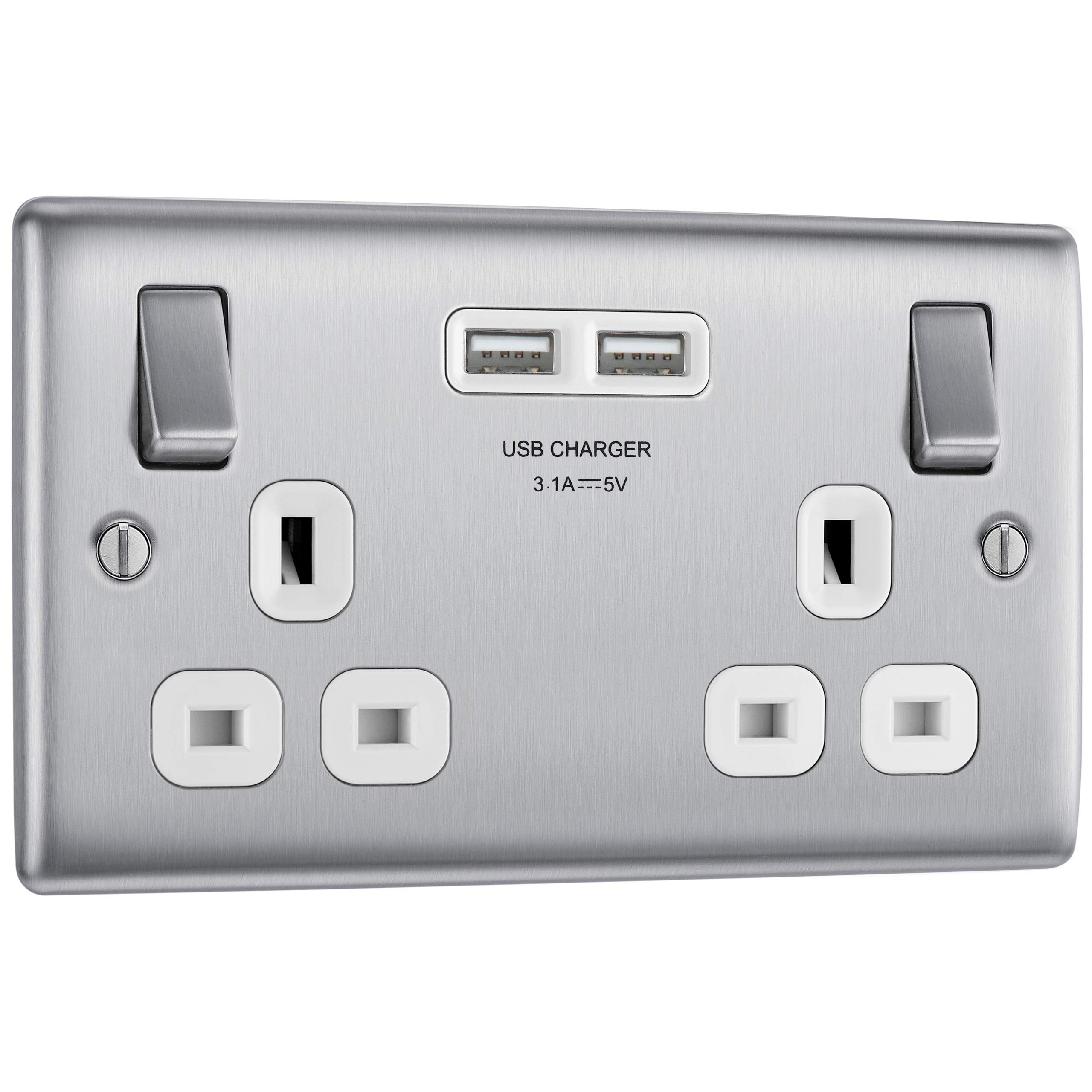 BG Electrical Double Switched Fast Power Socket with Two USB Charging Ports