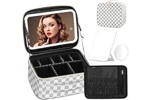 Omobolanle Makeup Bag with Mirror Led Light Detachable Portable Makeup Organizer Travel Cosmetic Train Case with Dividers and 10x Magnifying Mirror Cosmetic Toiletry Bag Black/White
