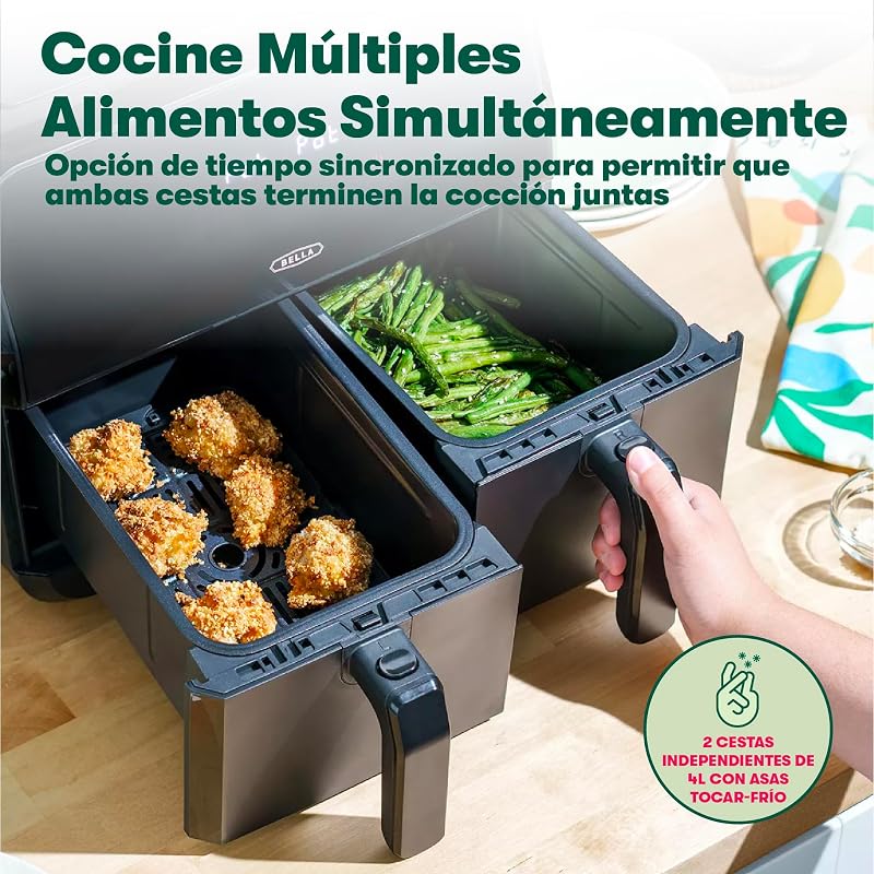 Freidora de aire de 8L, doble canasta y pantalla táctil, 8 opciones de cocción, temperatura ajustable, apagado automático, bandejas antiadherentes, 1700W, color negro
