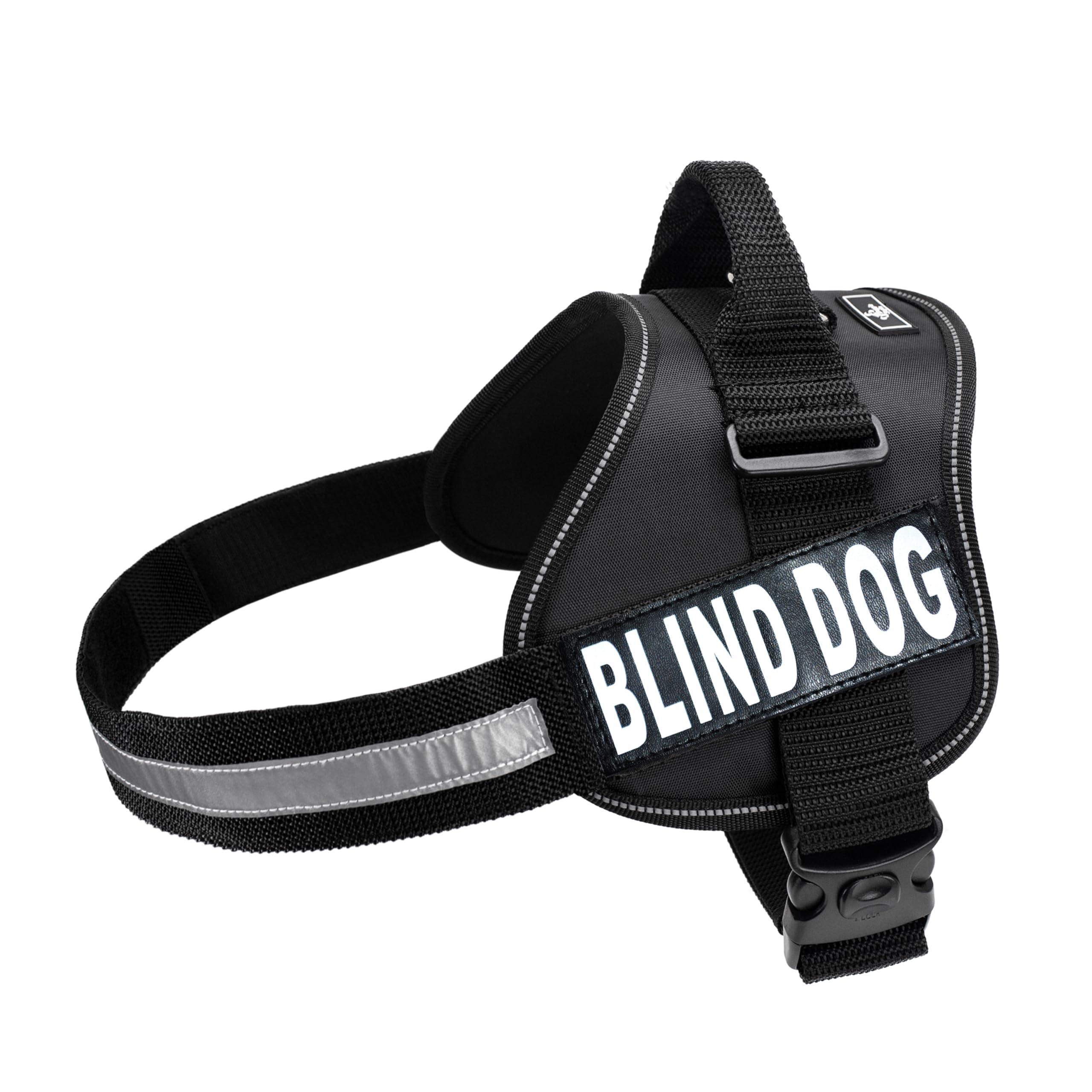 Doggie Stylz Blind Dog Vest Harness with Removable Patches and Reflective Trim. Comes with 2 Blind Dog Reflective Hook and Loop Patches. Measure Dogs Girth Before Purchase (Girth 28”-38" Black)