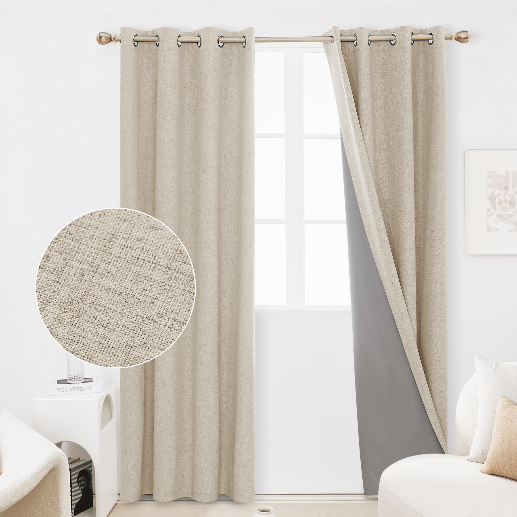 Deconovo Full Blackout Curtains Thermal Insulated Energy Efficiency Eyelet Bedroom Blackout Curtains with Coating Back Layer 52 x 90 Inch Light Linen 1 Pair