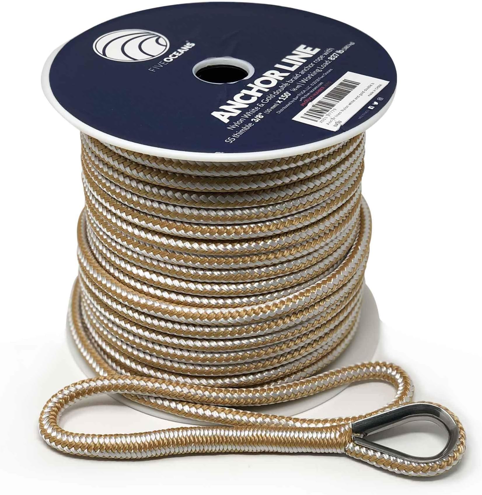 Five Oceans Nylon Double Braided Anchor Rope Line with Thimble, Gold/White