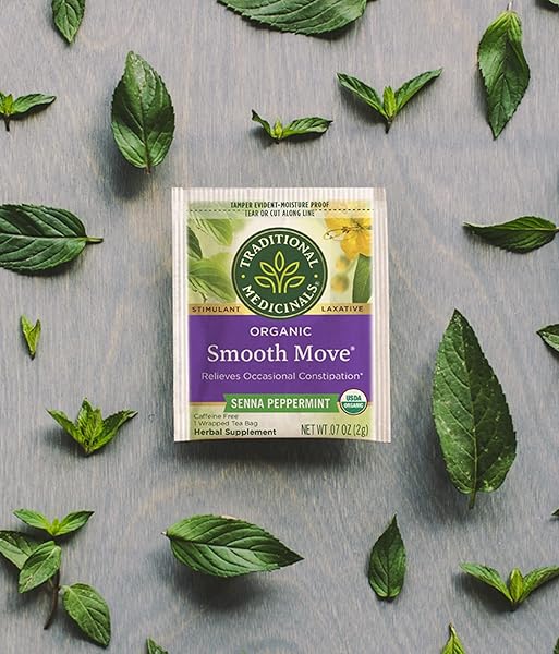 TRADITIONAL MEDICINALS ORGANIC SMOOTH MOVE SENNA PEPPERMINT HERBAL TEA, RELIEVES OCCASIONAL CONSTIPATION, (PACK OF 3) 48 TEA BAGS TOTAL