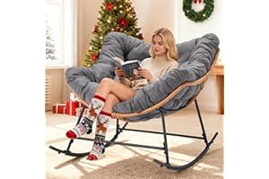 Youtanic Outdoor Rocking Chair, Oversized Papasan Reading Chair Indoor with Thick Cushion, Comfy Rattan Rocker Egg Chair for Patio, Garden, Balcony, Lawn, Backyard, Bedroom, up to 450lbs, Dark Gray