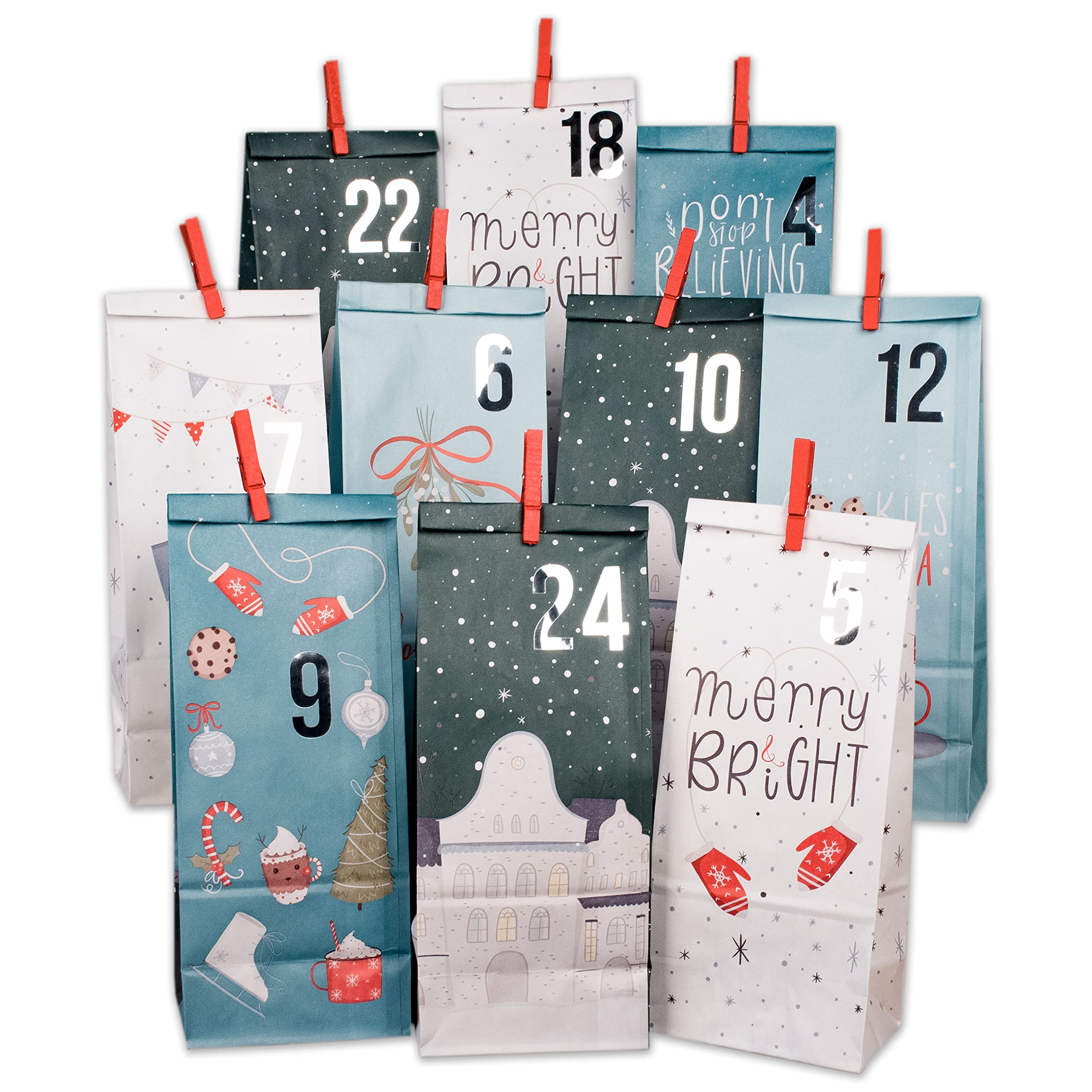 Advent Calendar for Filling, 24 Blue Printed Gift Bags and 24 Number Stickers and Clips, Blue Christmas Motif, for Crafts and Gifting, Christmas, Christmas Blue