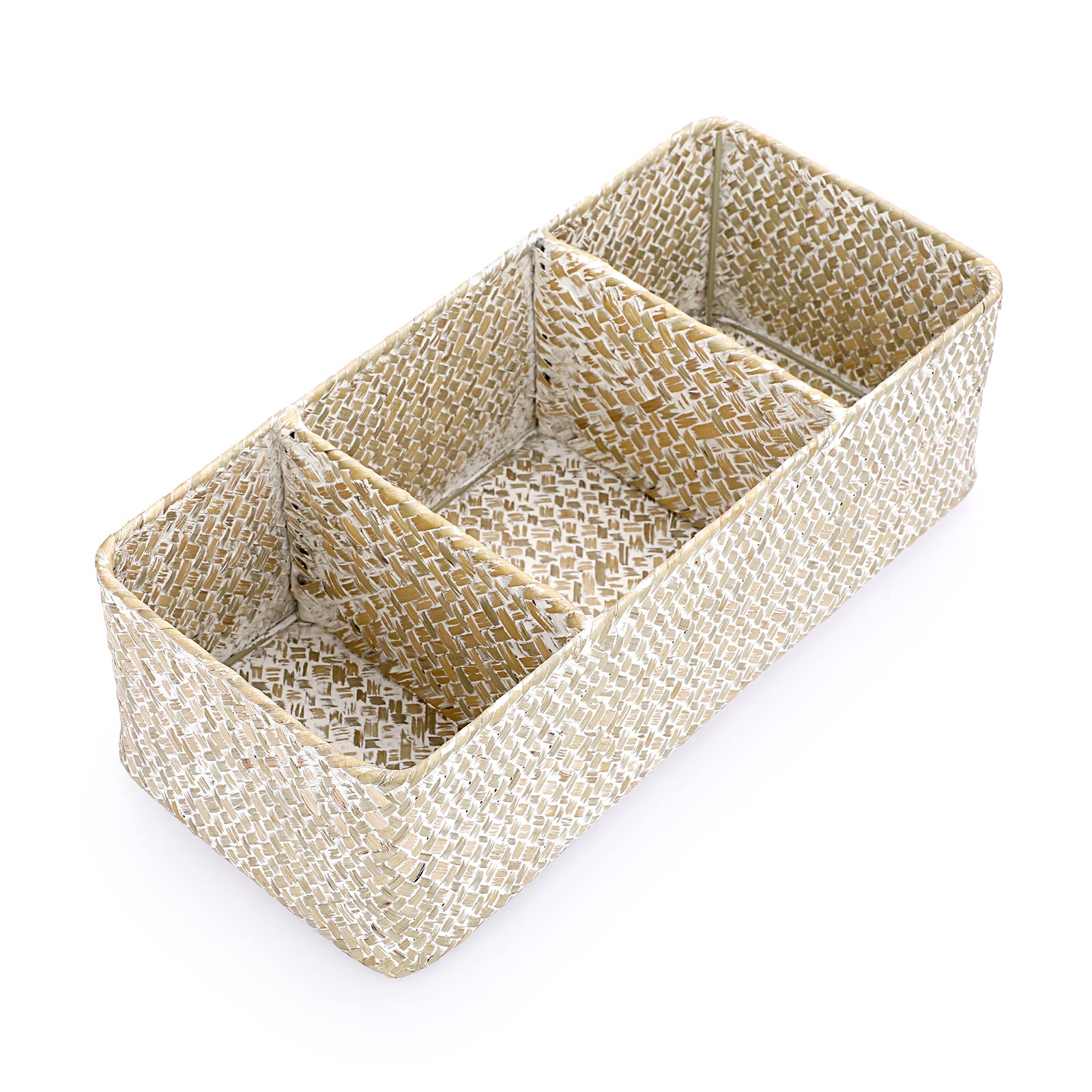 IGNPION 3-compartment Seagrass Storage Basket Woven Seagrass Desktop Baskets Rectangular Organiser Box Shelves & Desks Decorative Basket for Sundries Stationery Toys Cosmetics, Whitewash