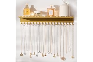 Josmimic Necklace Holder Wall Hanging Organizer: Wall Mounted Jewelry Shelf with 56 Hooks and Tray, Display Hanger for Kids, Girls and Women, Gold & Metal
