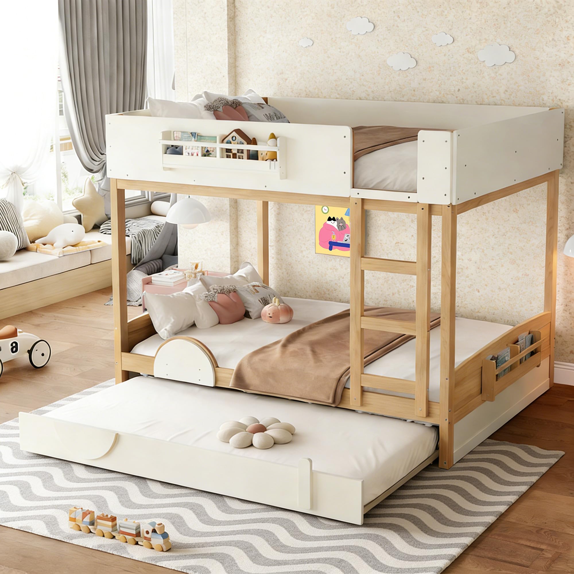 Photo 1 of Bellemave Queen Over Queen Bunk Bed with Trundle & 2 Bookshelves, Wooden Floor Bunk Beds Frame with Safety Guardrails & Ladder for Kids Teens, Beige+Natural