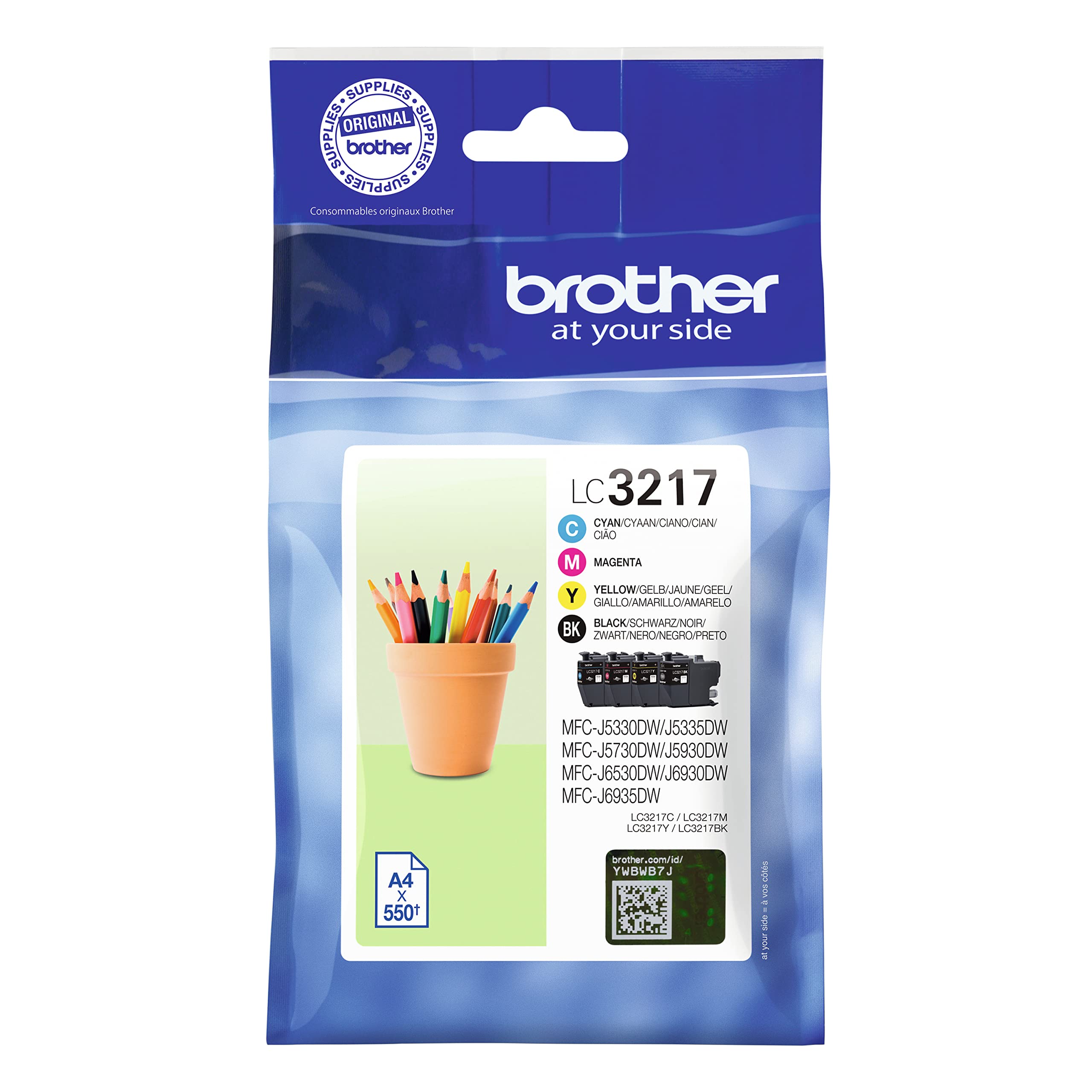 Brother LC-3217BK/LC-3217C/LC-3217M/LC-3217Y Inkjet Cartridges, Black/Cyan/Magenta/Yellow, Multi-Pack, Standard Yield, Includes 4 x Inkjet Cartridges, Genuine Supplies