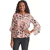 Kasper Womens Plus-Size Ruffle Sleeve Printed Chiffon Top