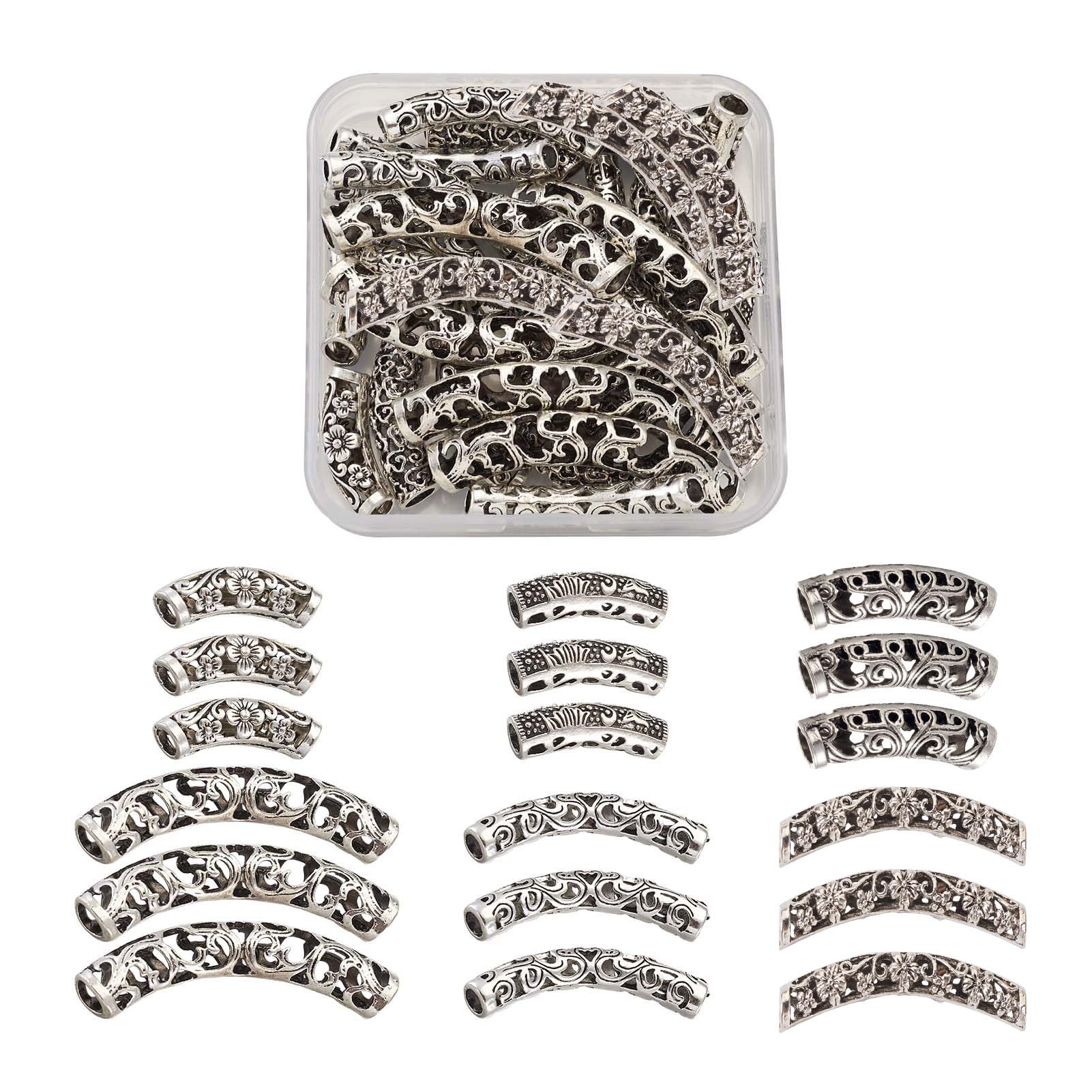 KISSITTY 30pcs/Box Antique Silver Filigree Long Curved Noodle Tube Spacer Beads 24~48mm for DIY Jewelry Making
