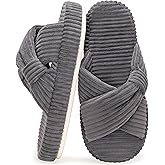FHILEPON Women's House Slippers Corduroy Indoor Slippers Memory Foam Bedroom Open Toe Slippers Cross Band House Shoes