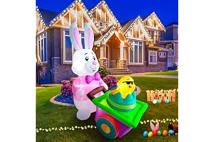 6 Ft Inflatable Yard Decoration for Easter, SHDEJTG Easter Bunny Push Trolley Blow Up Easter Outdoor Decoration for Party Yard Garden Lawn