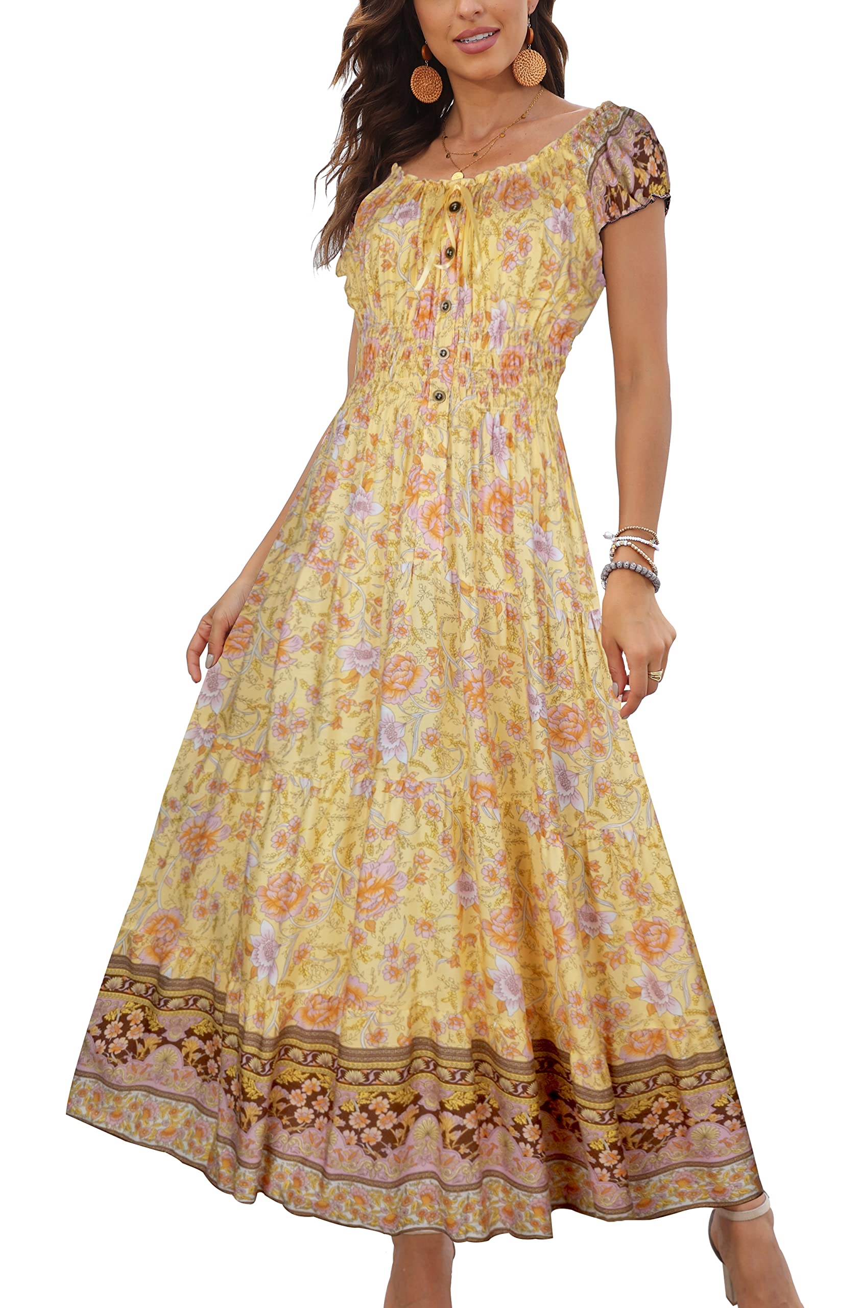 Photo 1 of OSTOO Women's 2025 Summer Short Sleeves Boho Floral Print Tiered Casual Flowy Long Maxi Dress(Yellow,M)