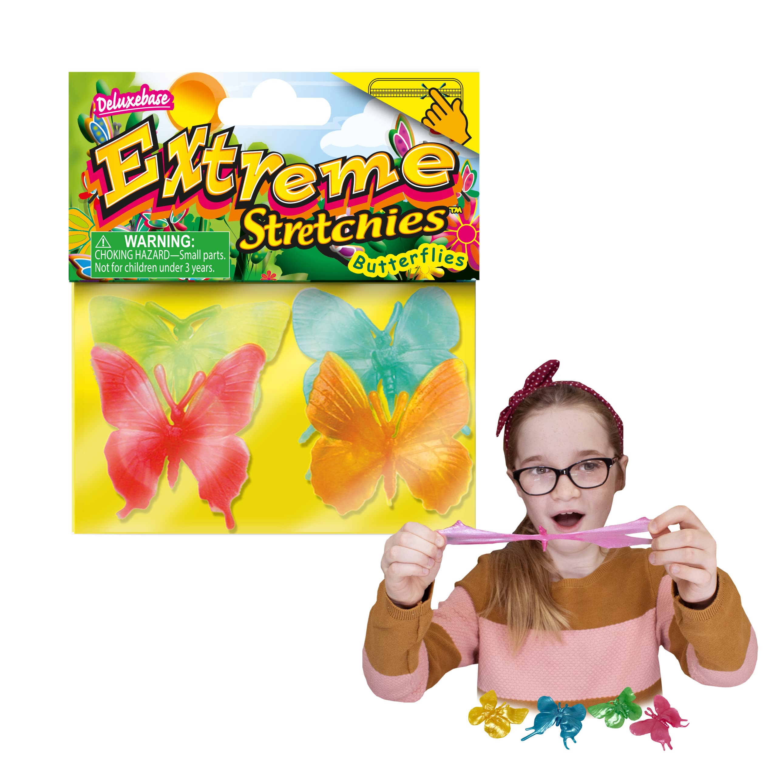 Extreme Stretchies - Butterfly from Deluxebase. Pack of 4 Small Stretchy Cute Animal Toys. Perfect for kids and great party toys