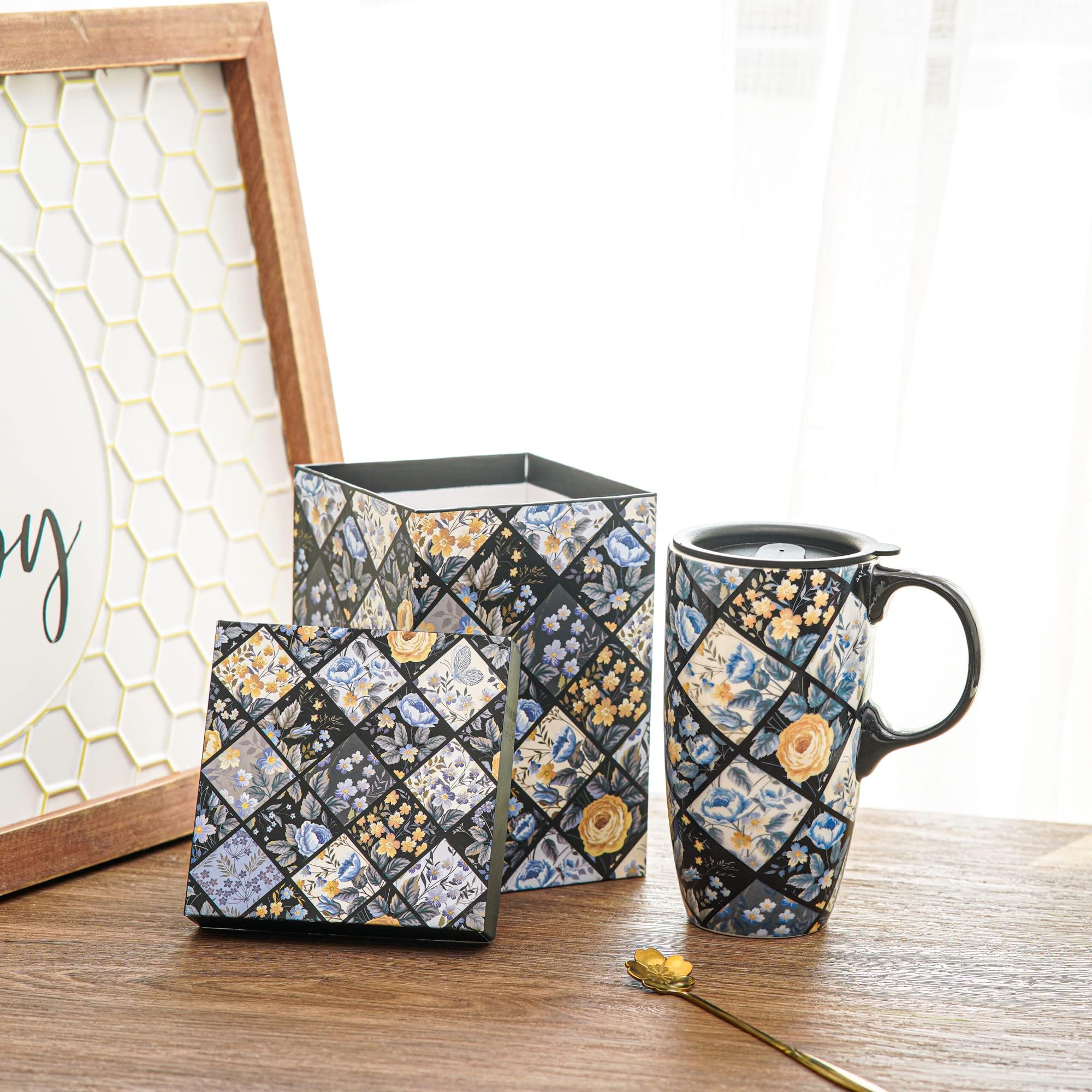 DUSVALLY Ceramic Mug Coffee Cup with Sealed Lid and Gift Box Latte Mug with Handle for Home and Office 17oz.Blue and Yellow Flower