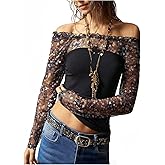 RoseSeek Women's Sheer Mesh Off Shoulder Patchwork Tops Sequin Tops Long Sleeve T Shirts