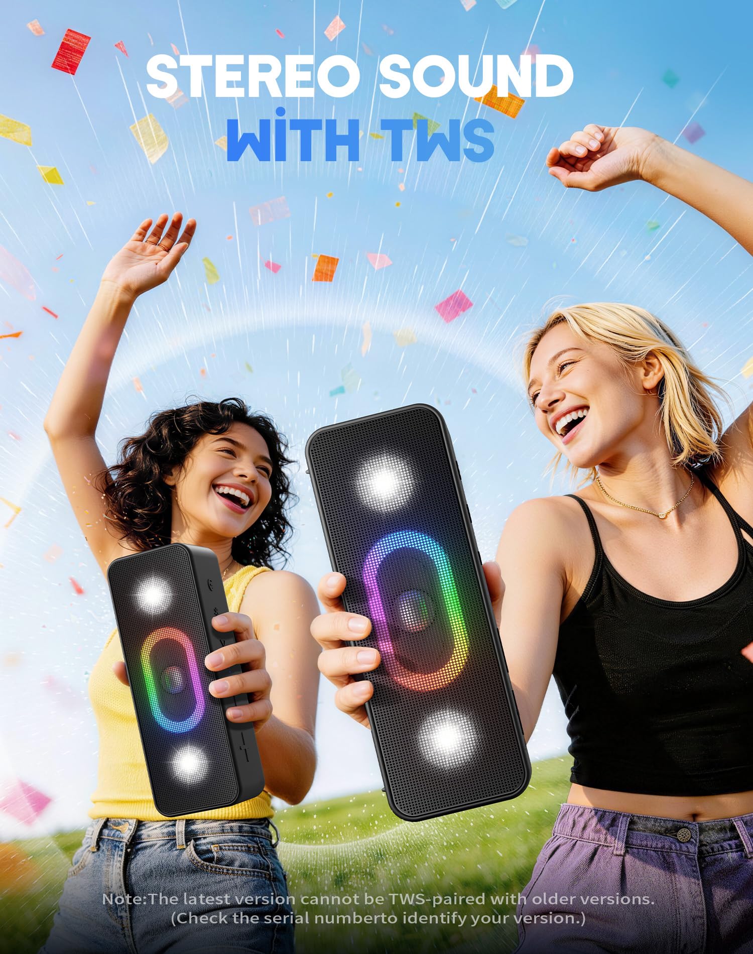 Ortizan Bluetooth Lautsprecher, Musikbox Bluetooth 5.3, Dualen Bass-Treibern, 24H Akku, 6 Lighting Effects, AUX-IN, TWS Funktion, Hands-Free Call für Outdoor 6