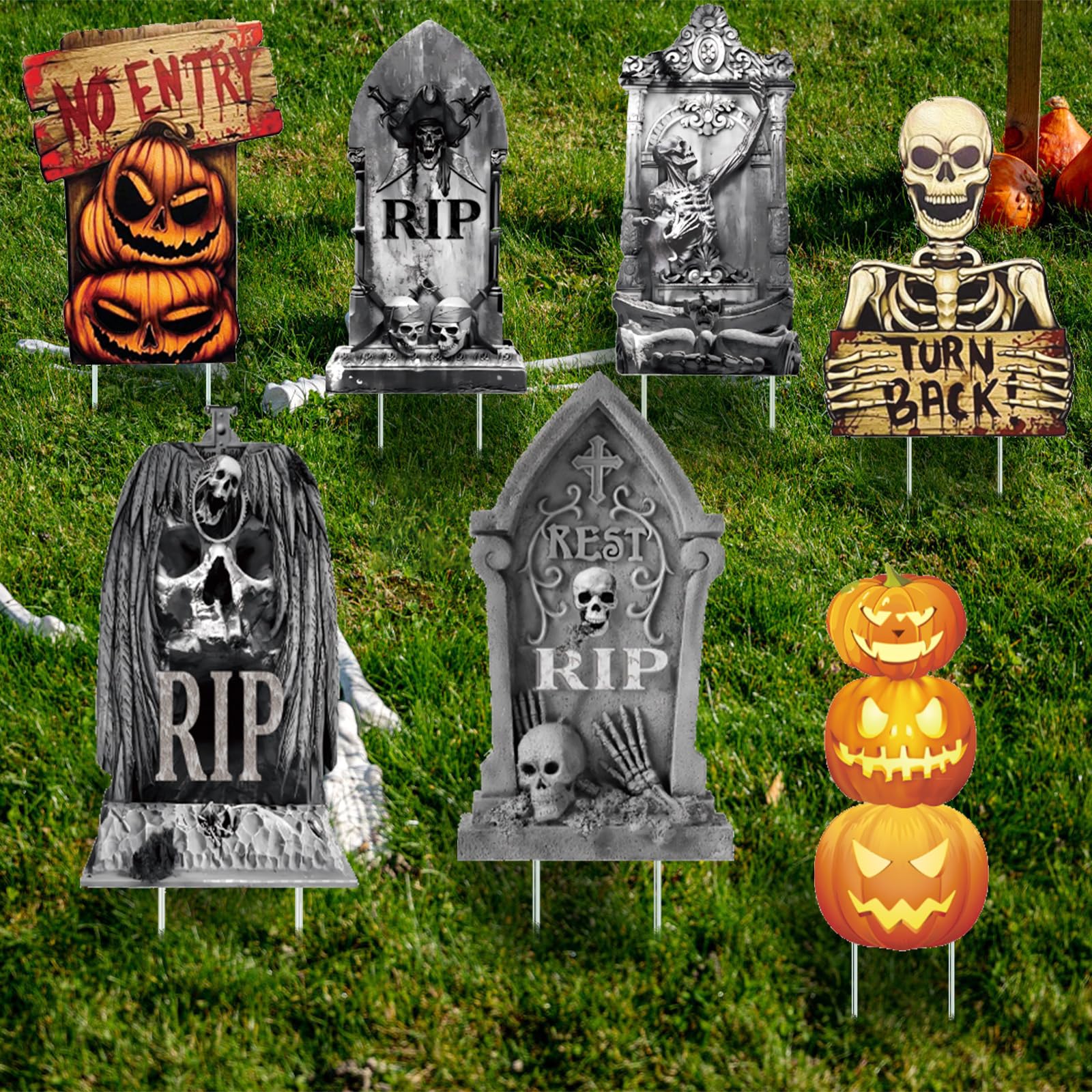 Halloween Yard Signs Tombstone Decoration Outdoor, Waterproof Halloween Decor Graveyard Sign with Sticks, Corrugate Halloween Garden Tombstones Decorations for Outside Lawn Haunted House