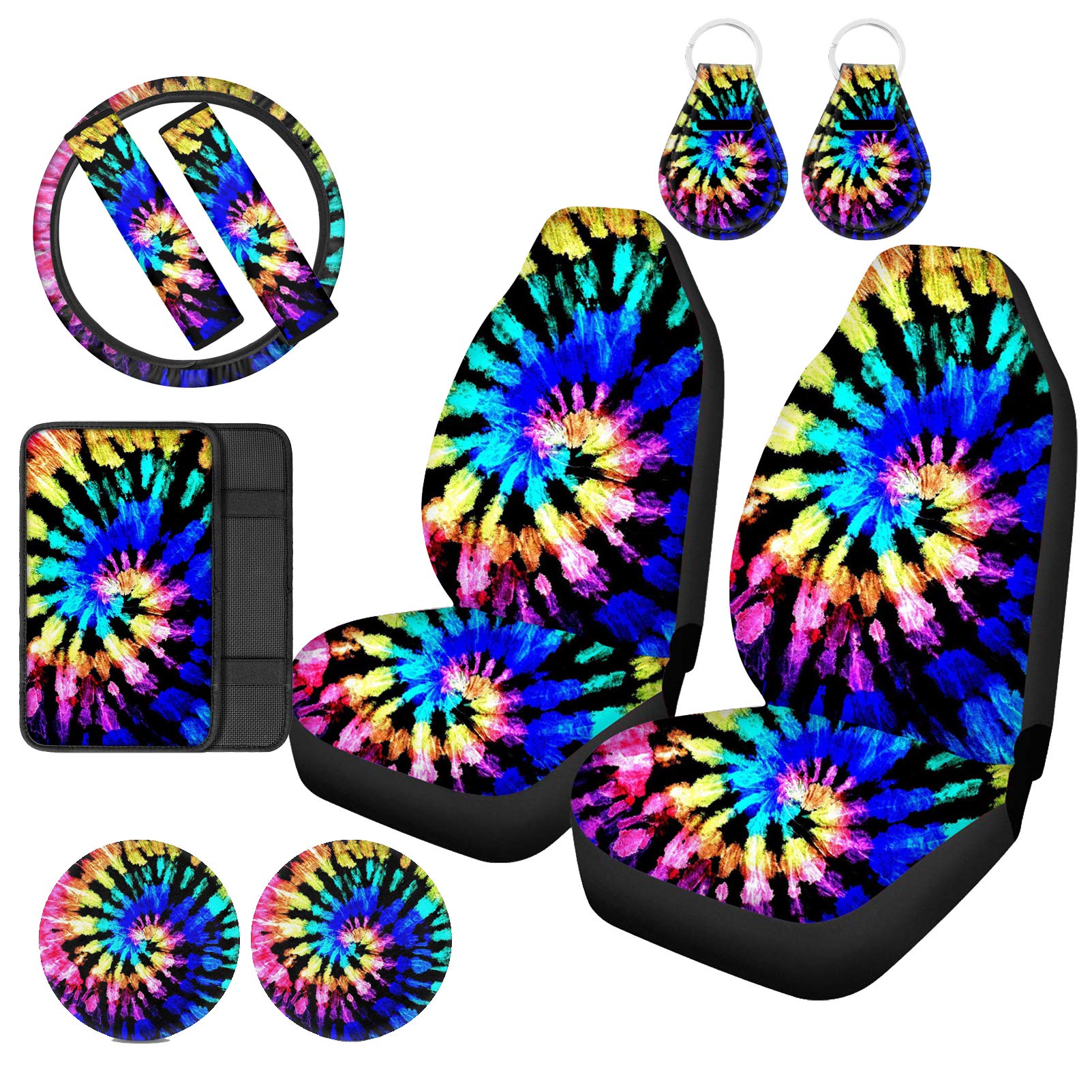 Xhuibop Rainbow Cars Seat Covers Tie Dye Steering Wheel Cover Non Slip Auto Center Console Pads Seatbelt Shoulder Pad Car Keys Keychain Cup Coasters for Vehicle Decor