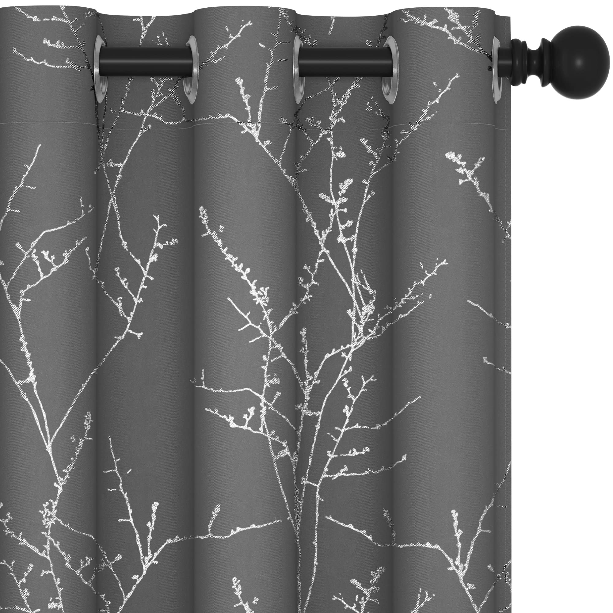 Deconovo Short Kitchen Curtains, 42 x 54 Inch Length 2 Panels Set, Thermal Insulated Soundproof Drapes with Silver Branch Pattern, Grommet Top, Machine Washable Panel for Small Window Living Room Image