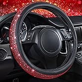 CAR PASS Red Diamond Black Leather Steering Wheel Cover, with Bling Crystal Rhinestones Universal Fit 14" 1/2-15" Crystal Glitter for Women Sparkle Girl Fit Suvs,Vans,Sedans,Cars,Trucks, Red Diamond