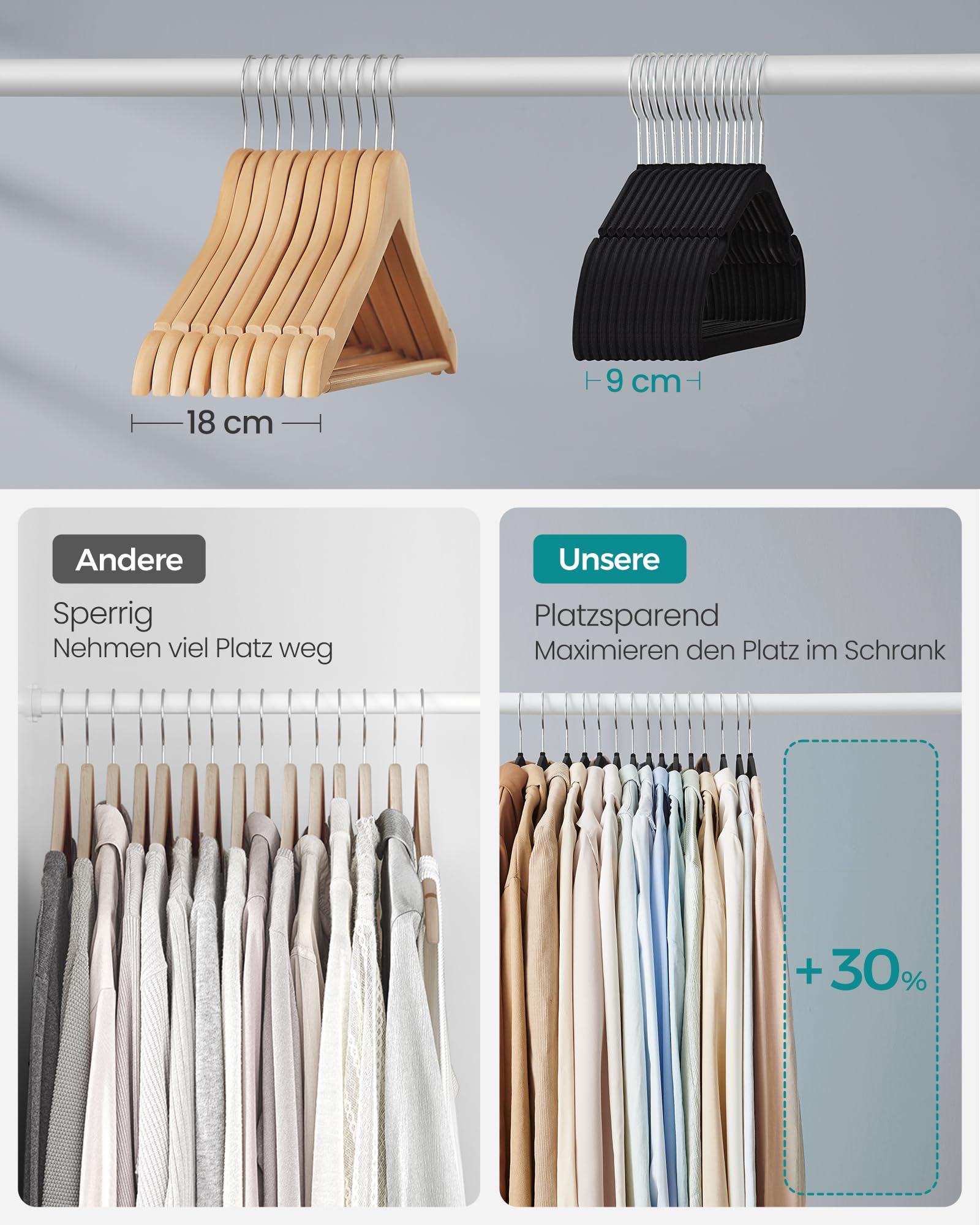 SONGMICS Kleiderbügel Samt, Bügel 50er Set, 43 x 21 cm, Samtbügel rutschfest, breite Schulterkerben, Stange für Hosen, 360° drehbarer Haken, platzsparend, für Garderobe, tintenschwarz CRF039B03 4