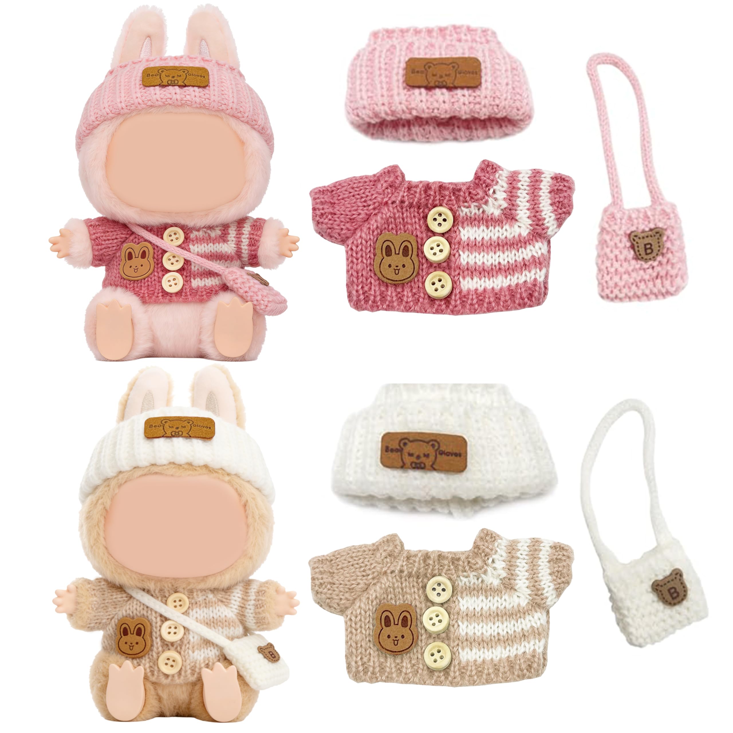CATMEYE 2 Sets 17cm Plush Doll Outfit, Cute Knitted Dress Up Clothes with Accessories, Easy to Put On/Off, Hand Washable, No Doll Included (White and Pink)