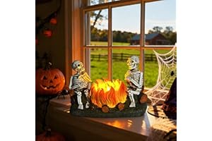 Qaeshi Halloween Scary Skeleton Decorations with Light Up Pumpkin, Flameless Candles for Jack O Lantern Decore, 2 Flickering LED Modes Halloween Night Light, Skeleton Lamp Table Decorations for Desk