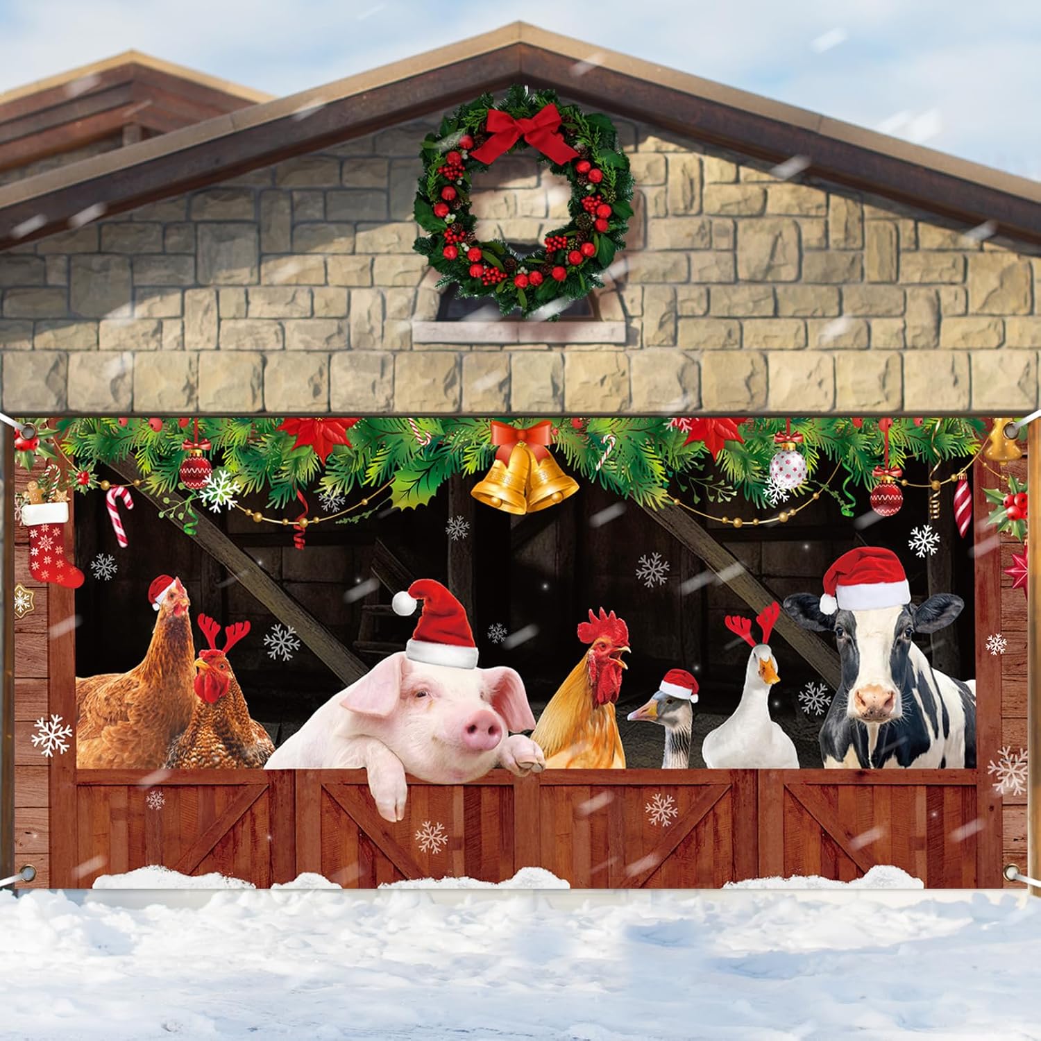 Garage Door Decorations - VitalCozy 6 x 13 ft Christmas Garage Door Decorations Banner Large Christmas Garage Door Cover Backdrop Naughty Farmhouse Rooster Xmas Party Photography Background Indoor Outdoor Decorations