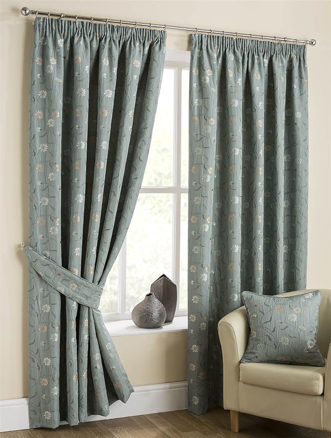 Homescapes Duck Egg Blue Pencil Pleat Jacquard Curtains Pair 117cm 46 Wide X 137cm 54 Drop Classic Chintz Small Floral Tapestry Design Amazon Co Uk Kitchen Home