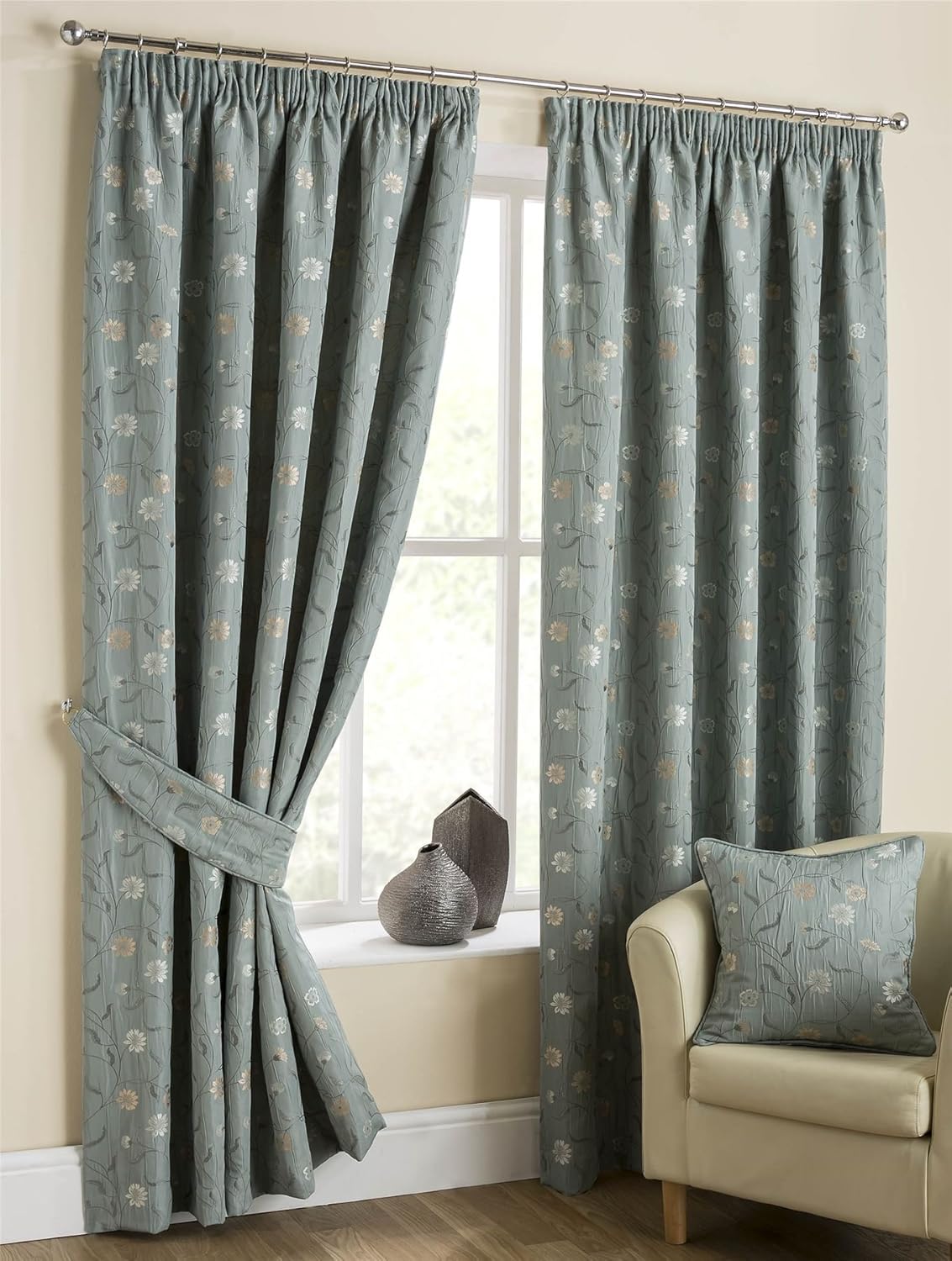 Homescapes Duck Egg Blue Pencil Pleat Jacquard Curtains Pair 228cm