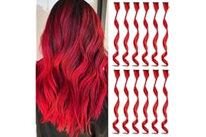 MEckily 12 Pcs Colored Hair Extensions Party Highlights, Curly Wavy Hairpiece Clip in Synthetic Streak for Kids Girls Women 17 inch(Red)