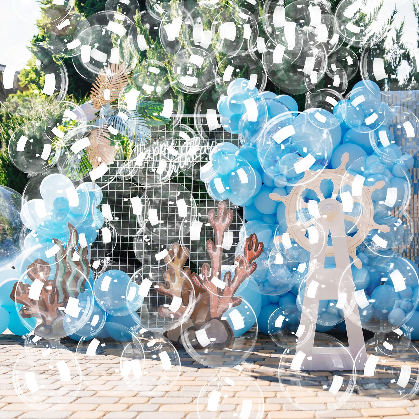 Photo 1 of Soulchen 150 Pcs Under The Sea Party Decorations Clear Bubble Garlands Mermaid Birthday BoBo Balloon Decoration Mermaid Birthday Decor for Summer Beach Ocean Party Supplies, 2 Sizes(8" and 18")