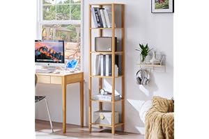 YUFAM 66in Tall Bookshelf 6-Tier Small Narrow Bookcase, Skinny Book Shelf for Small Space, Farmhouse Slim Shelf with Storage, Wood Freestanding Display Thin Bookshelves for Living Room, Natural