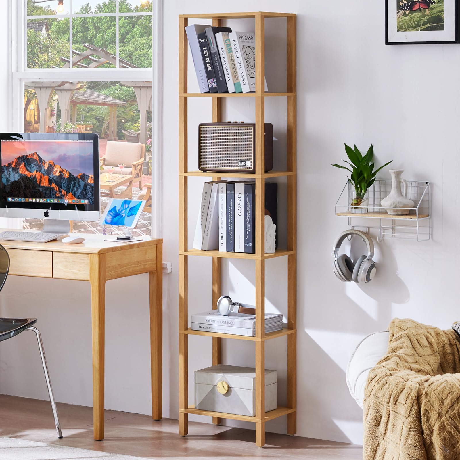 Photo 1 of YUFAM 66in Tall Bookshelf 6-Tier Small Narrow Bookcase, Skinny Book Shelf for Small Space, Farmhouse Slim Shelf with Storage, Wood Freestanding Display Thin Bookshelves for Living Room, Natural