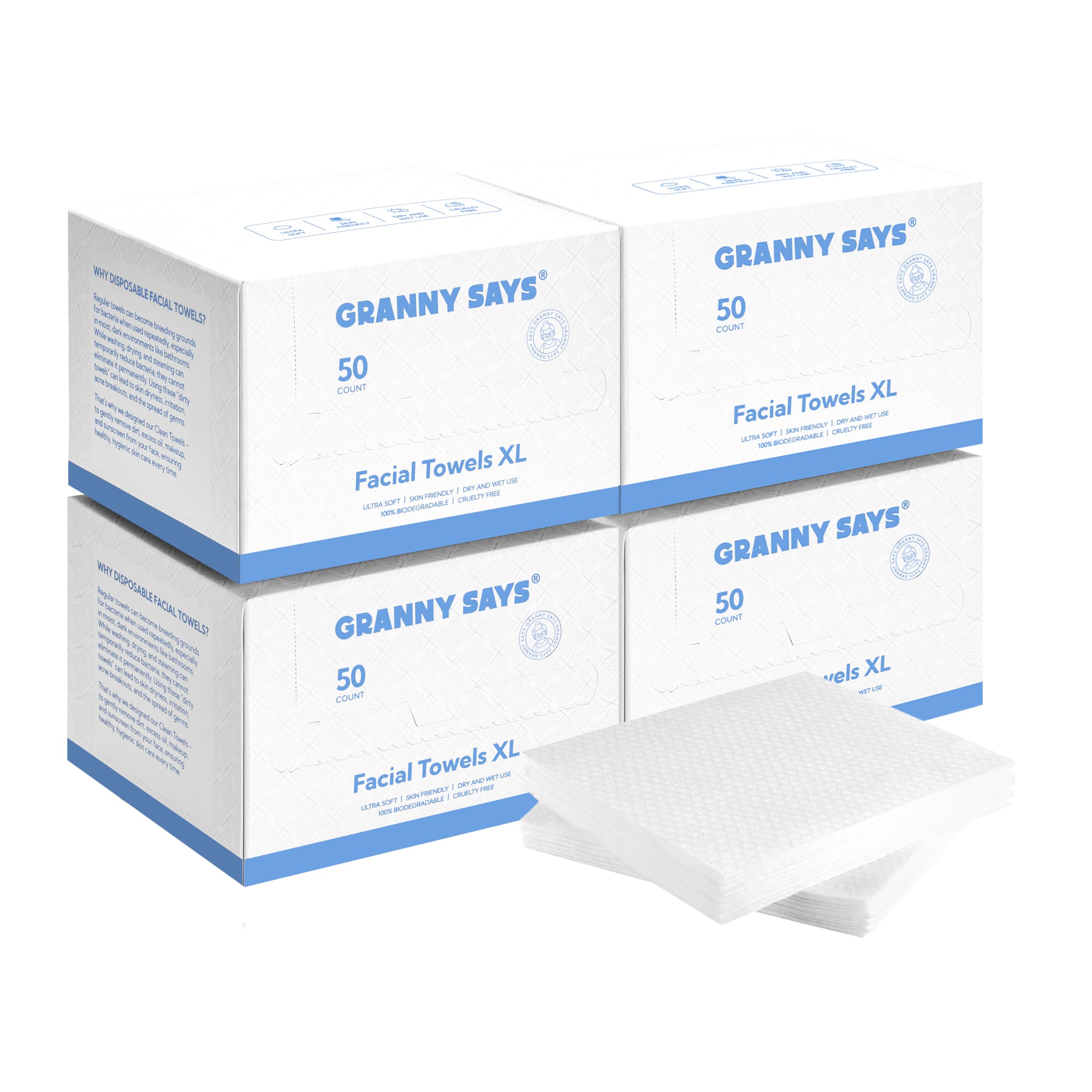 GRANNY SAYS Large Face Towels Disposable, 200 Count Face Cleansing Wipes Ultra Soft, Disposable Face Cloths, Face Tissue Sensitive Skin, Disposable Towels for Facial Cleansing, Makeup Wipes Multipack