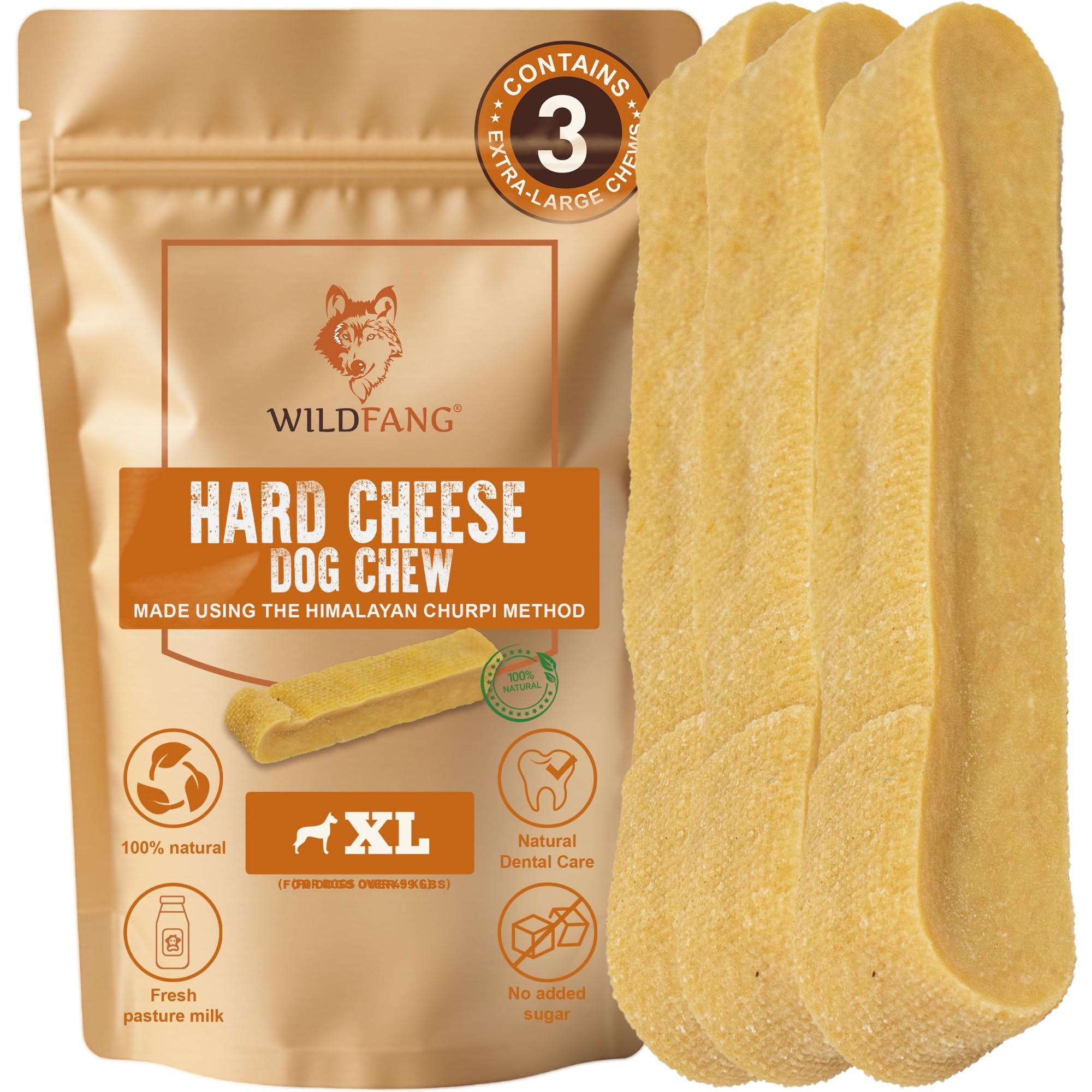 Wildfang® Yak Chews for Dogs, XL (Approx. 137 g) – Himalayan Yak Cheese Dog Chews, Natural Dog Treats and Puppy Teething Toys for Healthy Gums, Hard Churpi Dental Sticks for Dogs Over 45 kg, Pack of 3 — image 1